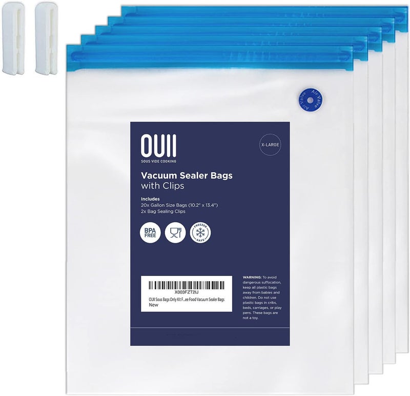 OUII Sous Vide Bags Only Kit For Anova and Joule Cookers, 20 Extra Large Reusable BPA Free Food Vacuum Sealer Bags - Image 1